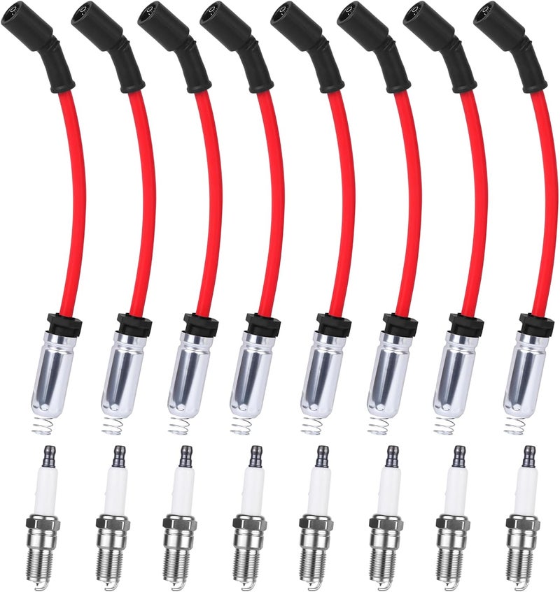 Ozikutech High Performance Spark Plugs and Wires Set of 8 Fit for 2000-2013 Chevy Silverado Tahoe Suburban Avalanche GMC Sierra Yukon 1500 2500 Escalade 4.8 5.3 6.0 6.2 Ls, Replace for 41-162 41-110 19431551 - Image 1